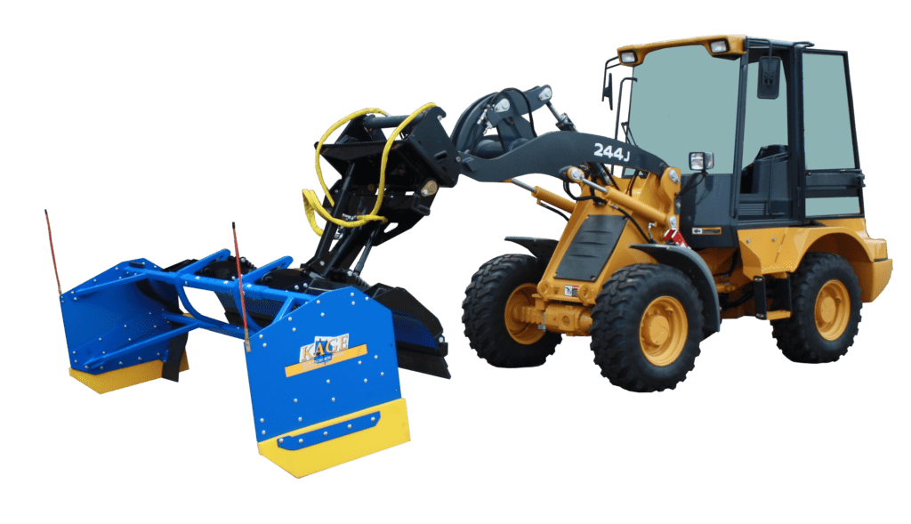kage blue snow plow 2 in 1 system on a compact wheel loader
